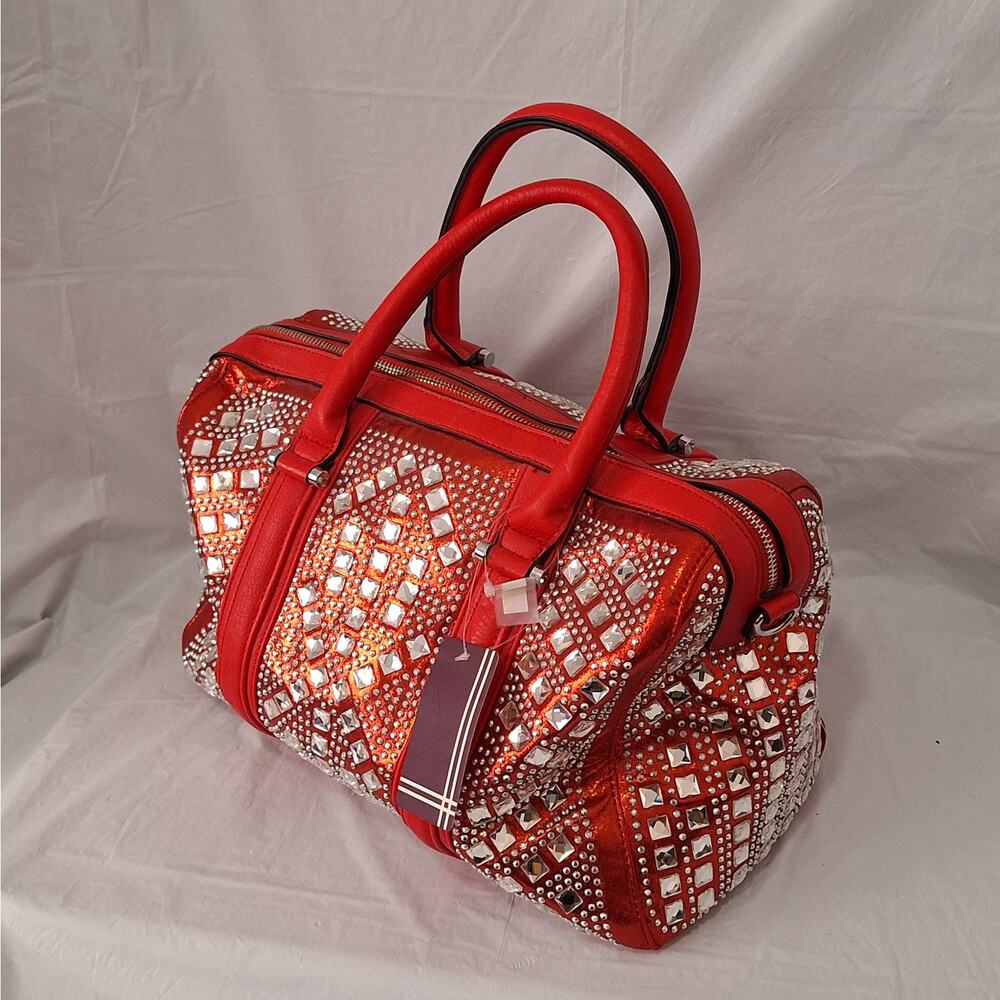 Y2K-style Red Rhinestone Duffle Satchel Bag - Picture 3 of 11